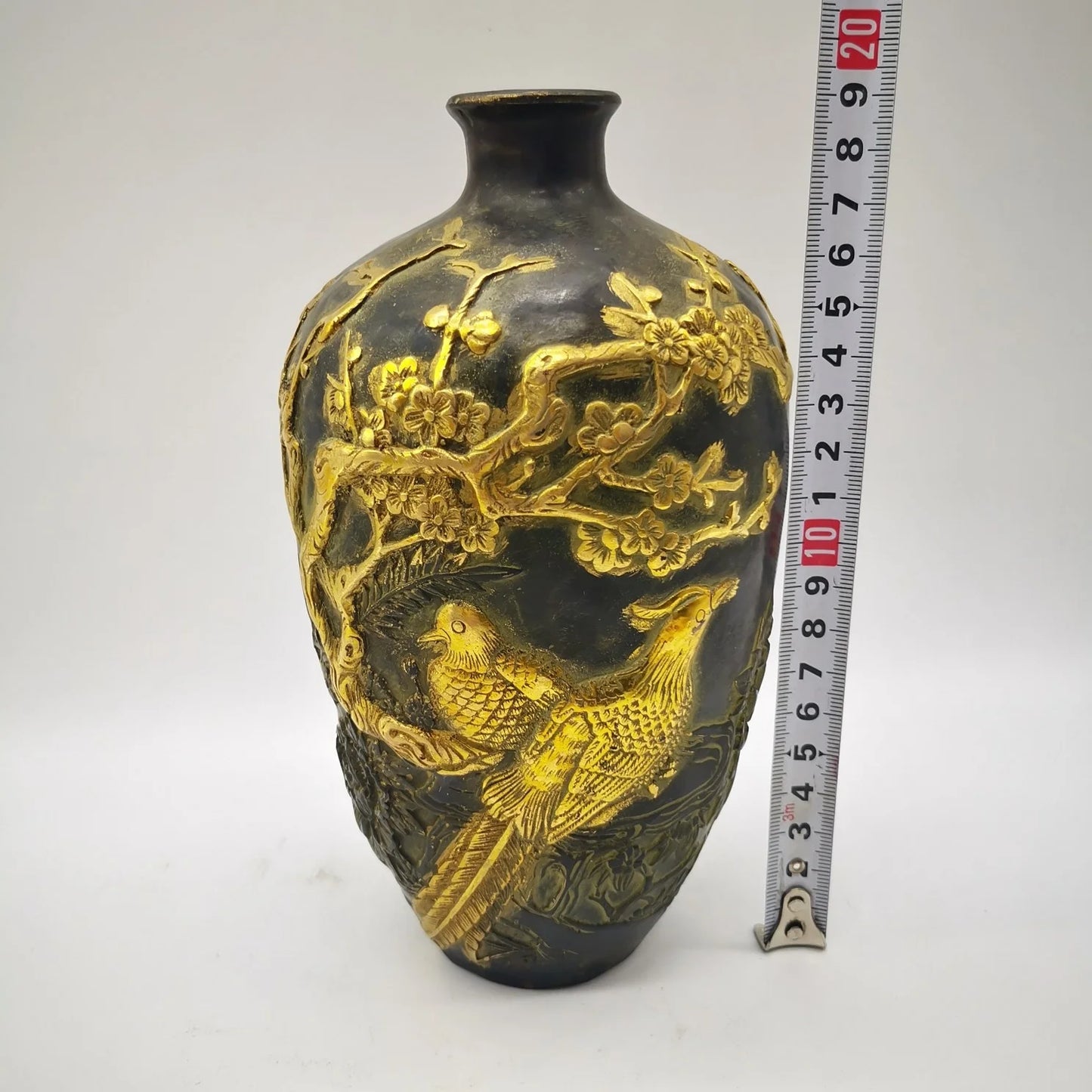 China Old Antique Bronze Gilding Plum blossom Magpie Vase Pot Brass Copper