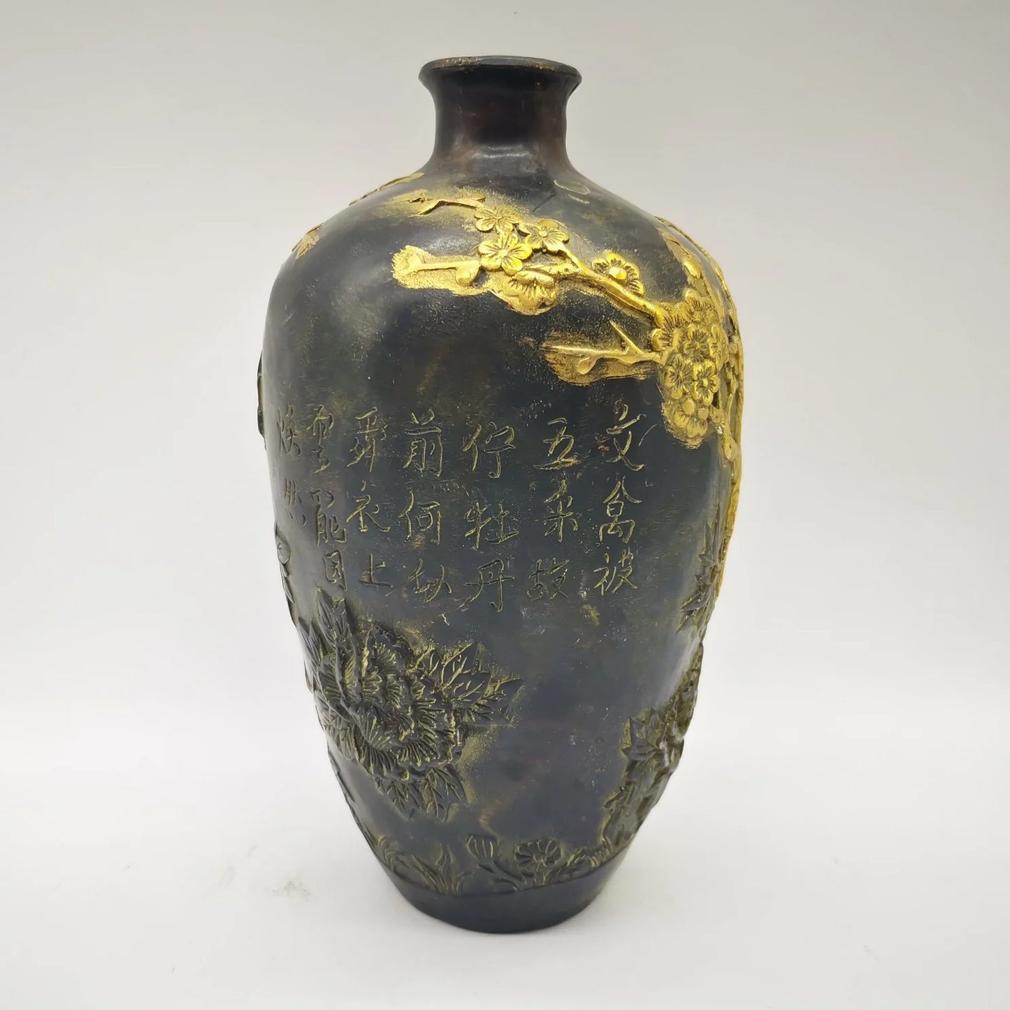 China Old Antique Bronze Gilding Plum blossom Magpie Vase Pot Brass Copper