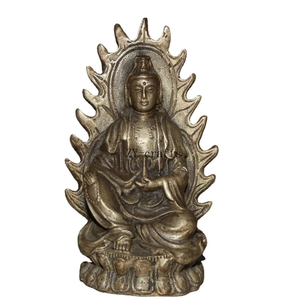 China Old Brass Lotus Guanyin Bodhisattva Buddha Statue