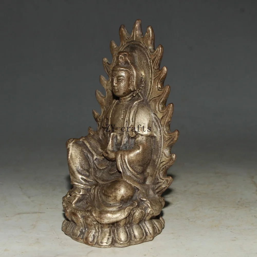 China Old Brass Lotus Guanyin Bodhisattva Buddha Statue