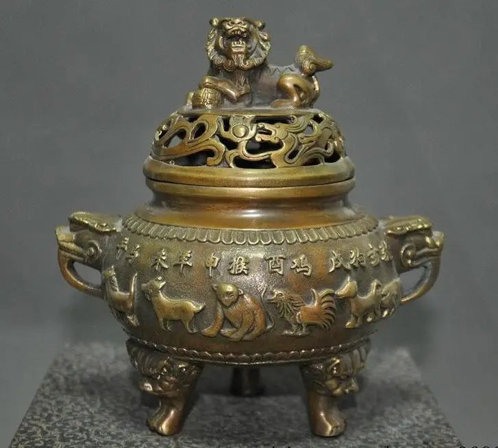 China Old Bronze Chinese Zodiac Signs Lion Foo Dog Dragon Incense Burner Censer