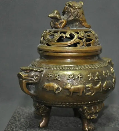 China Old Bronze Chinese Zodiac Signs Lion Foo Dog Dragon Incense Burner Censer