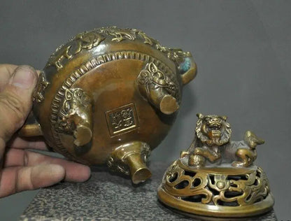 China Old Bronze Chinese Zodiac Signs Lion Foo Dog Dragon Incense Burner Censer