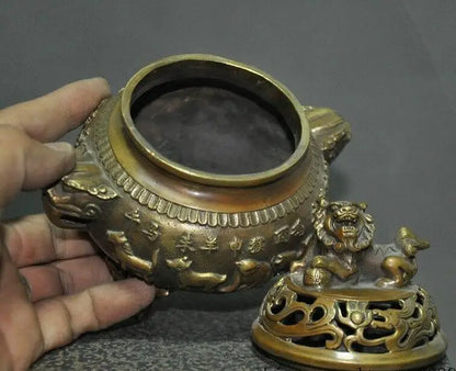 China Old Bronze Chinese Zodiac Signs Lion Foo Dog Dragon Incense Burner Censer