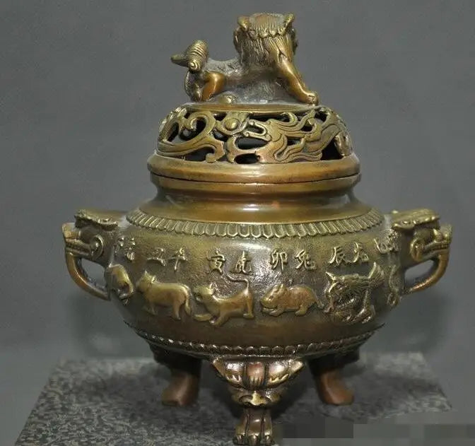 China Old Bronze Chinese Zodiac Signs Lion Foo Dog Dragon Incense Burner Censer