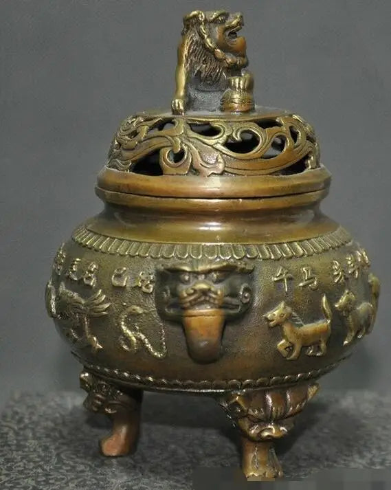 China Old Bronze Chinese Zodiac Signs Lion Foo Dog Dragon Incense Burner Censer