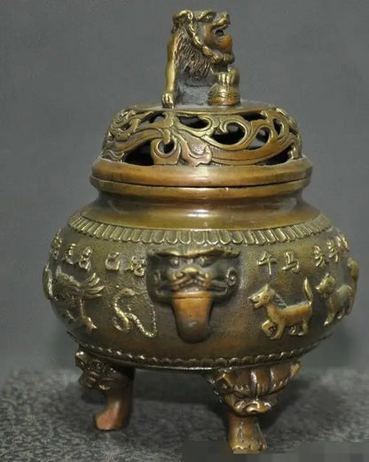 China Old Bronze Chinese Zodiac Signs Lion Foo Dog Dragon Incense Burner Censer
