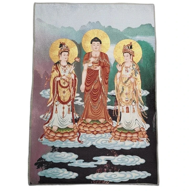 China Old Tibet Silk Thang Ka Like Hanging Painting Fengshui Three Sacred Buddha Guanyin God Statue Portrait