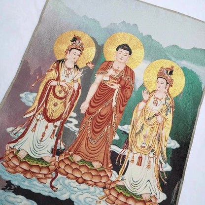 China Old Tibet Silk Thang Ka Like Hanging Painting Fengshui Three Sacred Buddha Guanyin God Statue Portrait