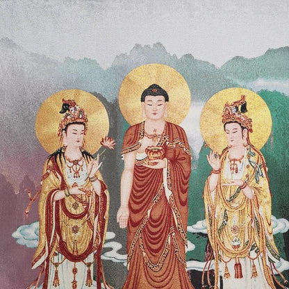 China Old Tibet Silk Thang Ka Like Hanging Painting Fengshui Three Sacred Buddha Guanyin God Statue Portrait