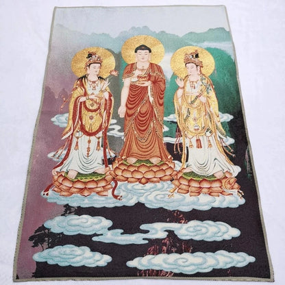 China Old Tibet Silk Thang Ka Like Hanging Painting Fengshui Three Sacred Buddha Guanyin God Statue Portrait