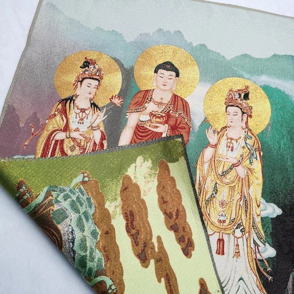 China Old Tibet Silk Thang Ka Like Hanging Painting Fengshui Three Sacred Buddha Guanyin God Statue Portrait