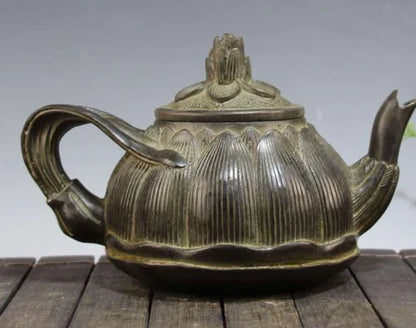 China Old bronze Lotus flower Carved flower Teapot