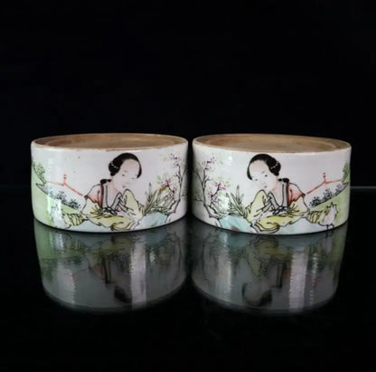 China Pastel ceramic beauty Inkstone crafts statue A pair