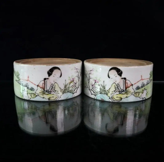 China Pastel ceramic beauty Inkstone crafts statue A pair