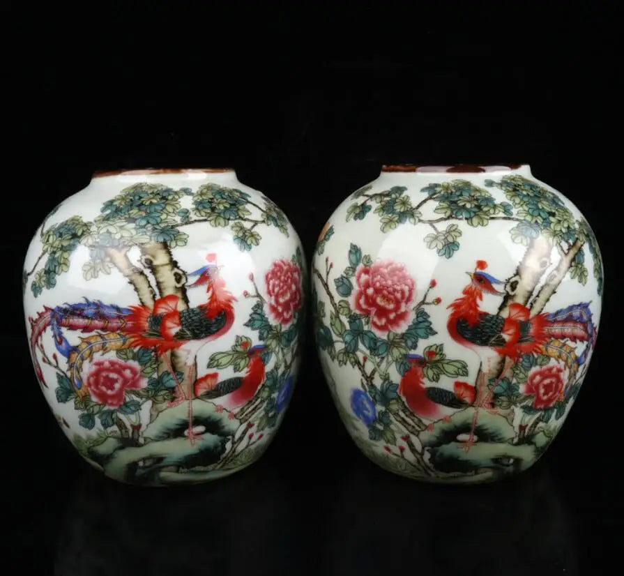 China Pastel ceramic earthen jar crafts statue A pair