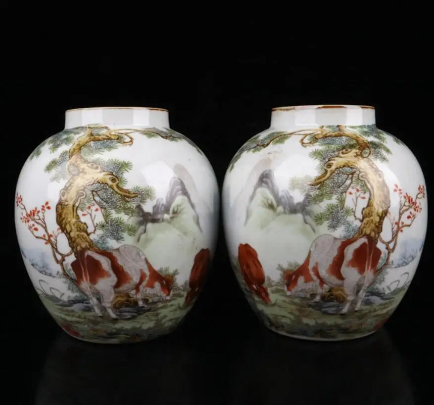 China Pastel ceramic earthen jar crafts statue A pair
