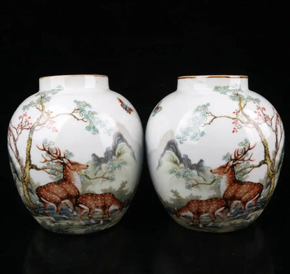 China Pastel ceramic earthen jar crafts statue A pair