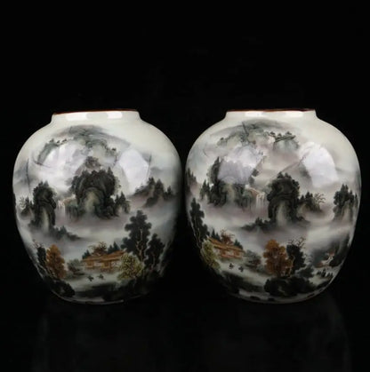 China Pastel ceramic earthen jar crafts statue A pair