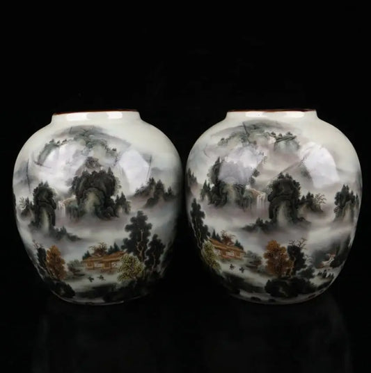 China Pastel ceramic earthen jar crafts statue A pair