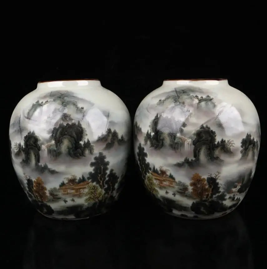 China Pastel ceramic earthen jar crafts statue A pair