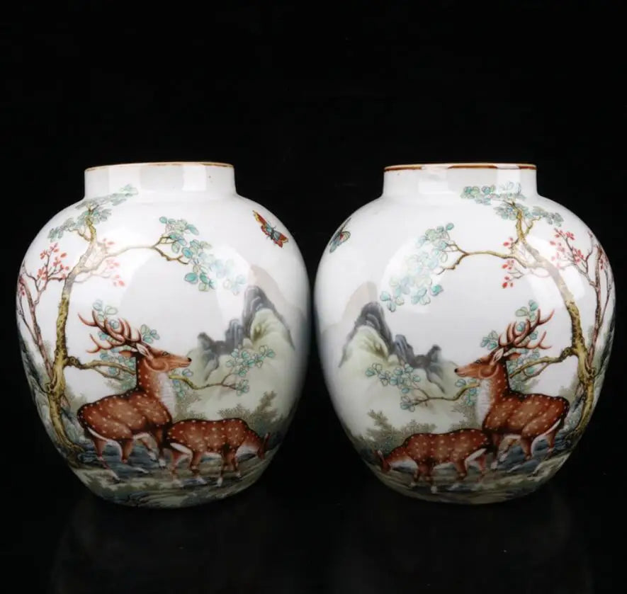 China Pastel ceramic earthen jar crafts statue A pair