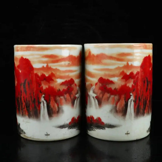 China Pastel ceramic landscape  Pen holder crafts statue A pair