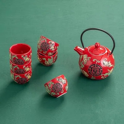 China Red Ceramic Tea Set Home Teapot 6 Teacups Kung Fu Black Tea Jin Jun Mei Teaware Creative Wedding New Wedding Gift Box
