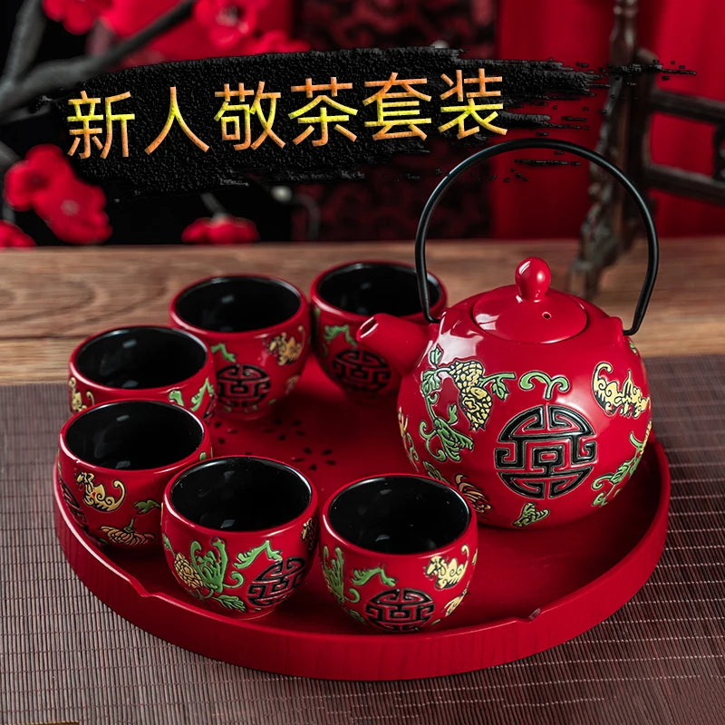 China Red Ceramic Tea Set Home Teapot 6 Teacups Kung Fu Black Tea Jin Jun Mei Teaware Creative Wedding New Wedding Gift Box