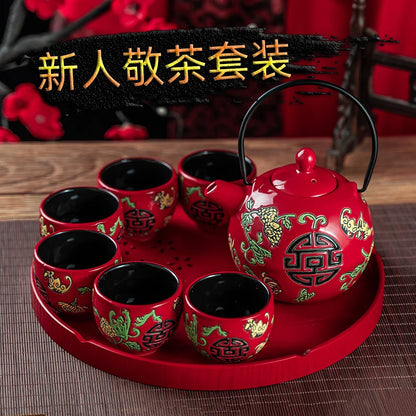China Red Ceramic Tea Set Home Teapot 6 Teacups Kung Fu Black Tea Jin Jun Mei Teaware Creative Wedding New Wedding Gift Box