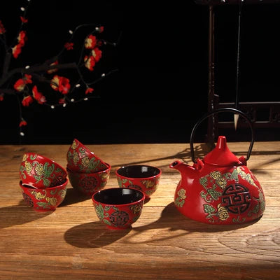 China Red Ceramic Tea Set Home Teapot 6 Teacups Kung Fu Black Tea Jin Jun Mei Teaware Creative Wedding New Wedding Gift Box