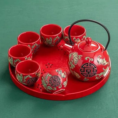 China Red Ceramic Tea Set Home Teapot 6 Teacups Kung Fu Black Tea Jin Jun Mei Teaware Creative Wedding New Wedding Gift Box
