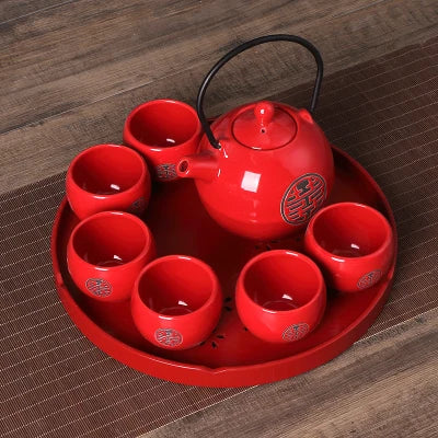 China Red Ceramic Tea Set Home Teapot 6 Teacups Kung Fu Black Tea Jin Jun Mei Teaware Creative Wedding New Wedding Gift Box