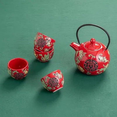 China Red Ceramic Tea Set Home Teapot 6 Teacups Kung Fu Black Tea Jin Jun Mei Teaware Creative Wedding New Wedding Gift Box