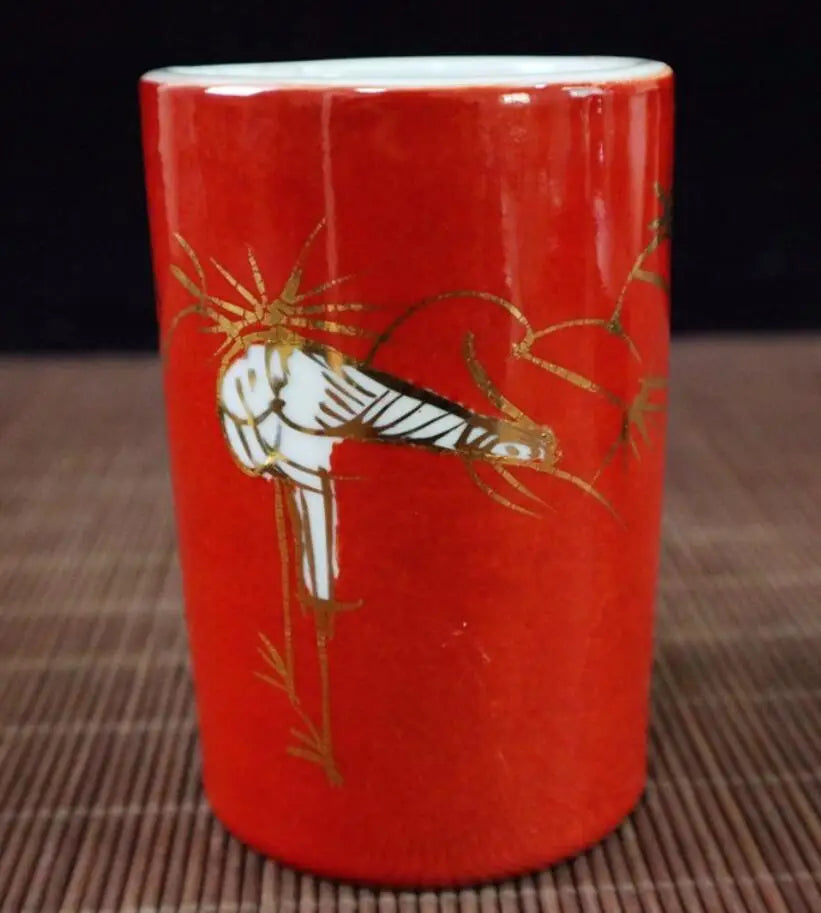 China Red glaze ceramic crane Pen holder crafts statue