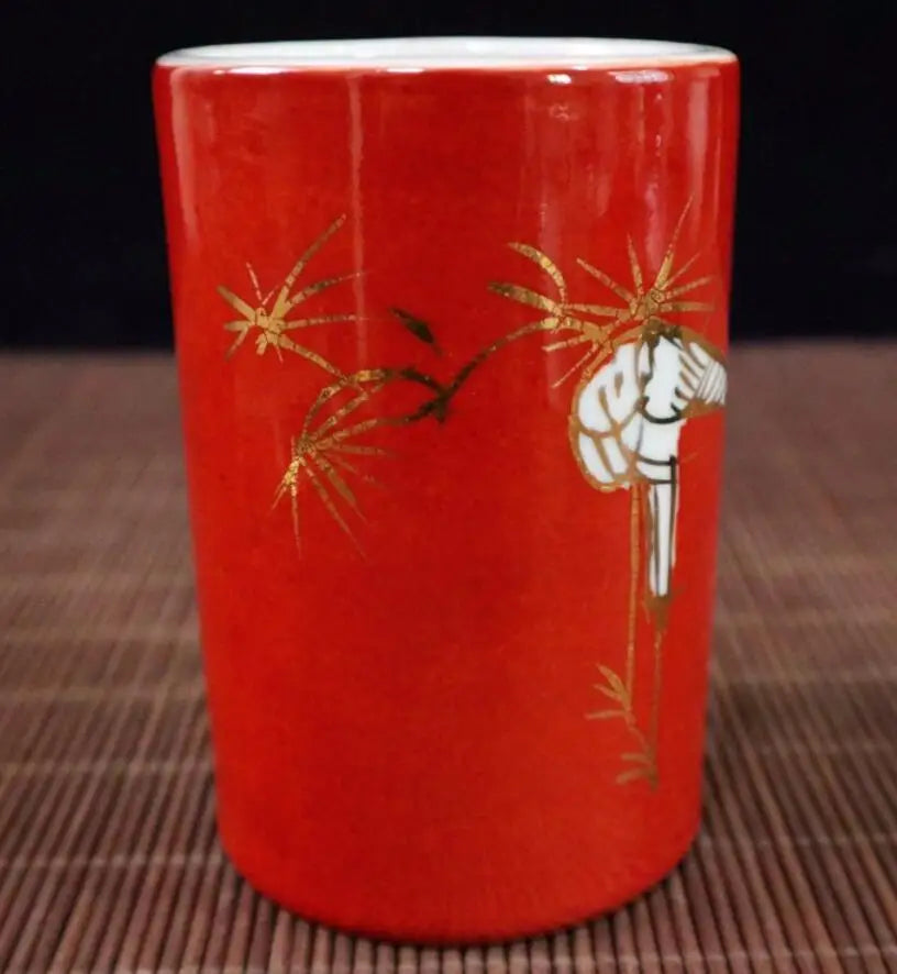 China Red glaze ceramic crane Pen holder crafts statue