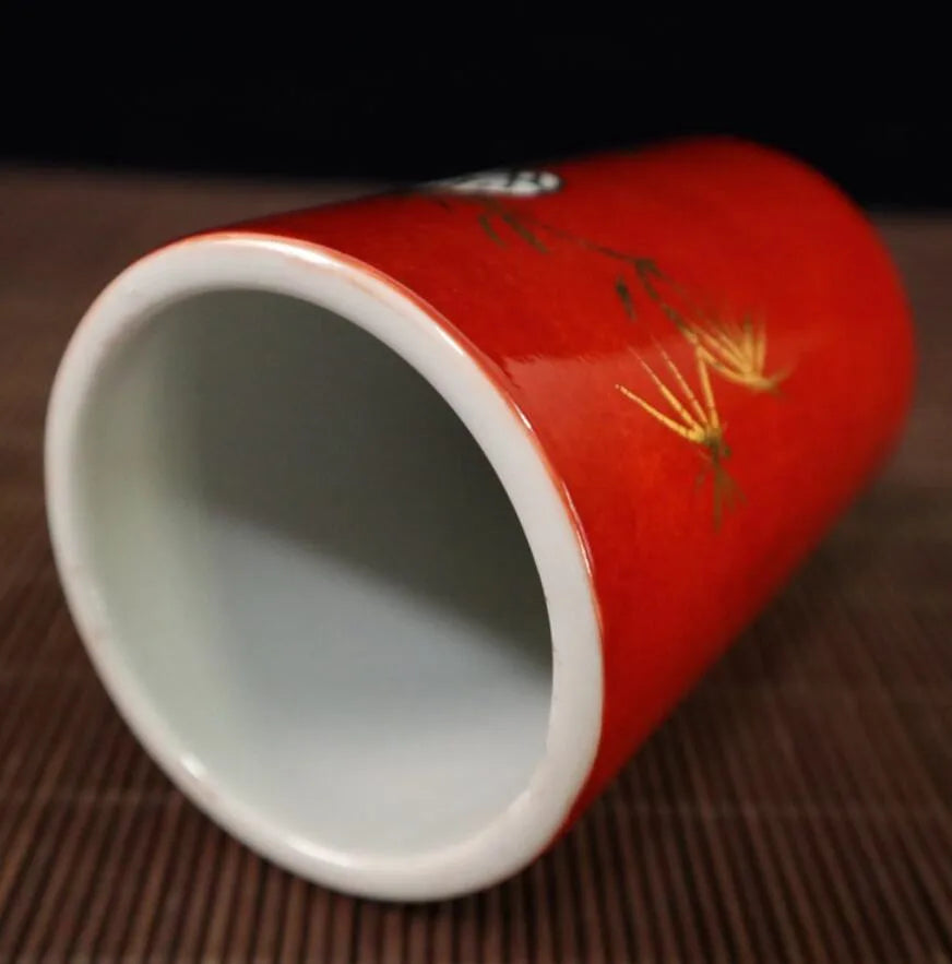China Red glaze ceramic crane Pen holder crafts statue