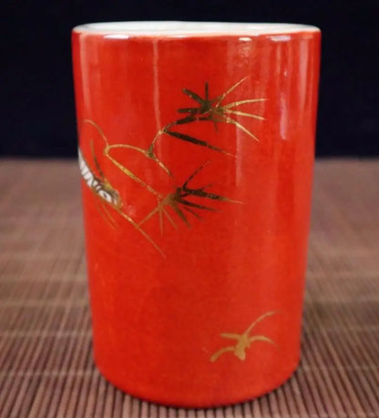 China Red glaze ceramic crane Pen holder crafts statue