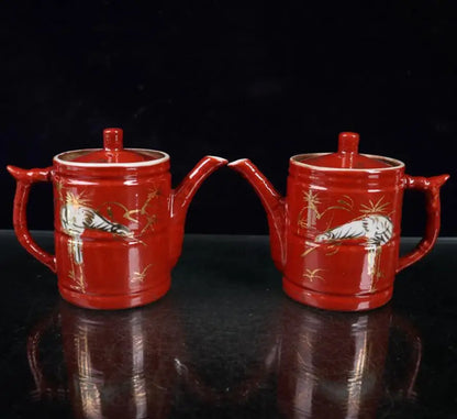 China Red glaze ceramic crane teapot crafts statue A pair