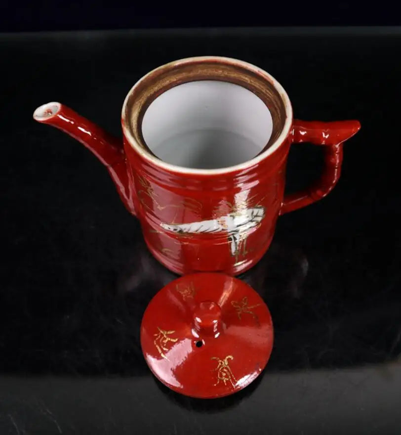 China Red glaze ceramic crane teapot crafts statue A pair
