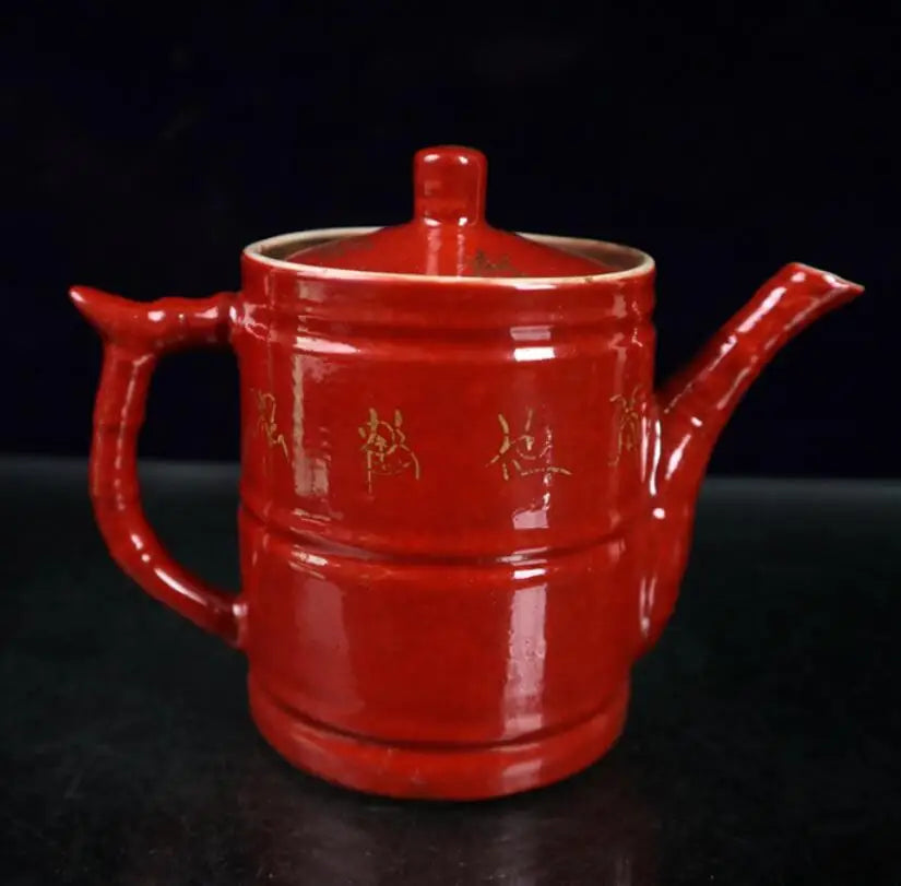 China Red glaze ceramic crane teapot crafts statue A pair