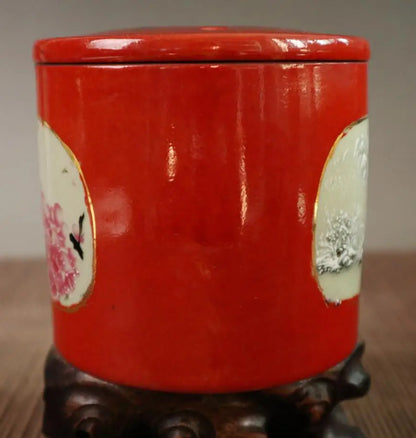 China Red glaze ceramic flowers bird Cricket jar crafts statue