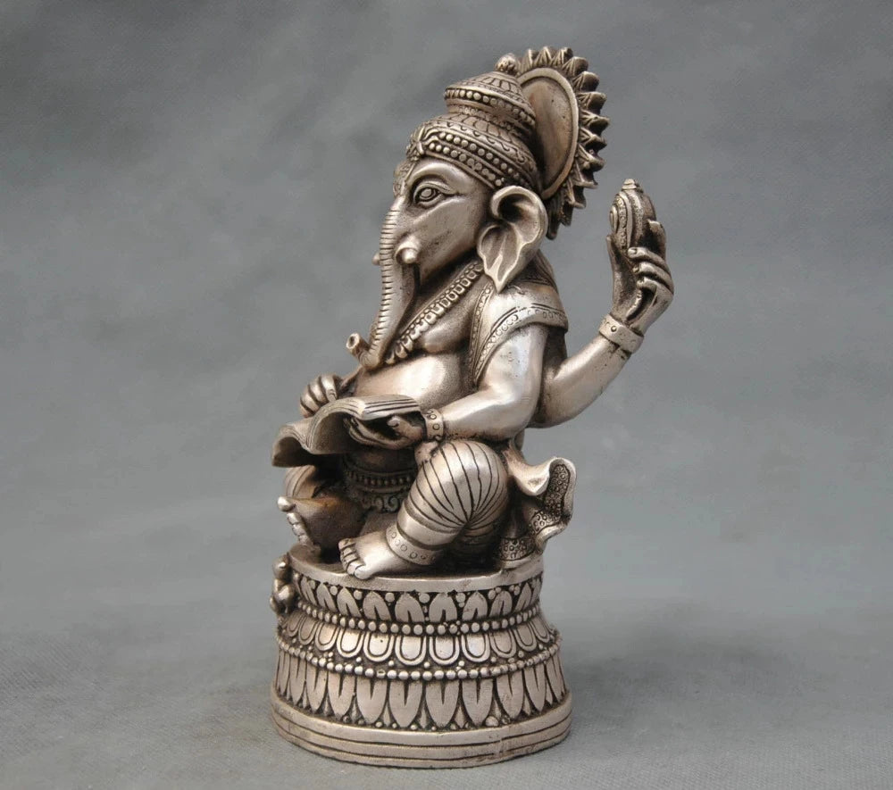 China Silver Bronze Buddhism Elephant Ganesha God of Wealth Statue