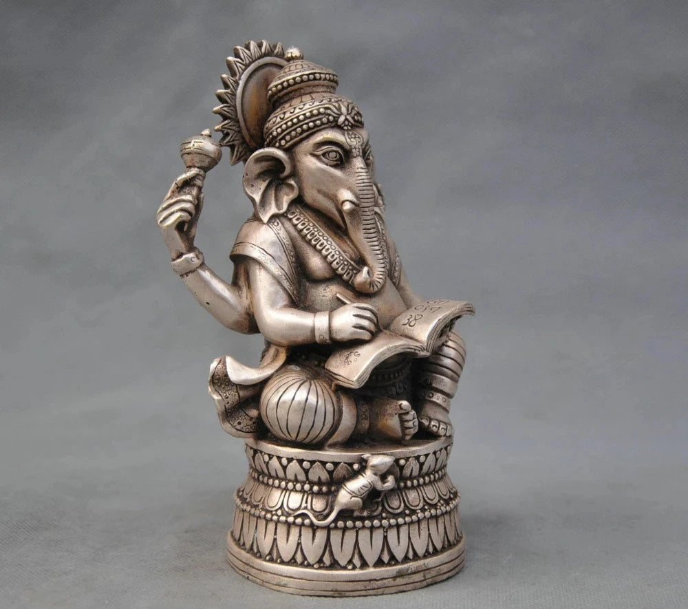 China Silver Bronze Buddhism Elephant Ganesha God of Wealth Statue