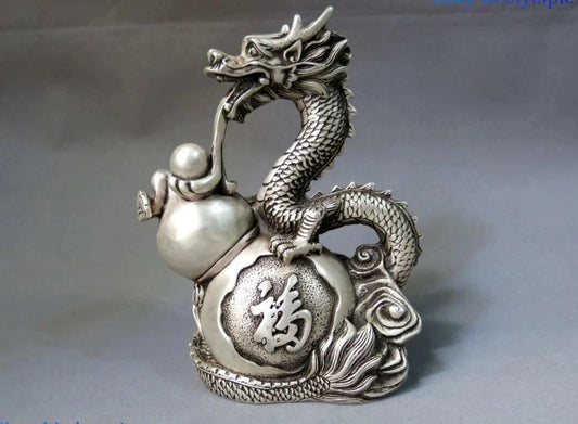 China Silver carved fine Feng Shui calabash lucky dragon play bead Statue