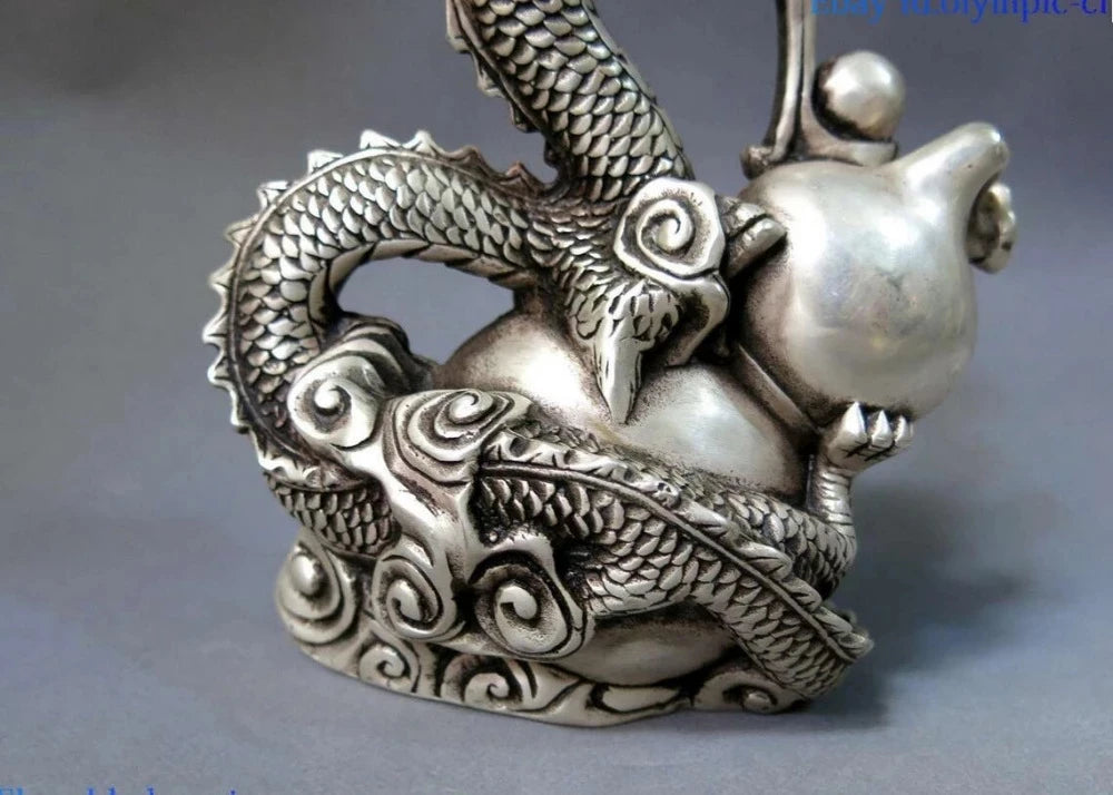China Silver carved fine Feng Shui calabash lucky dragon play bead Statue