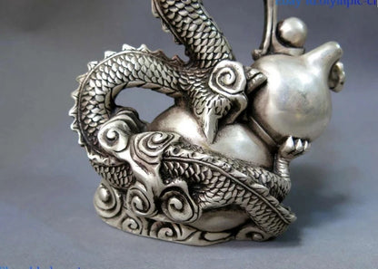China Silver carved fine Feng Shui calabash lucky dragon play bead Statue