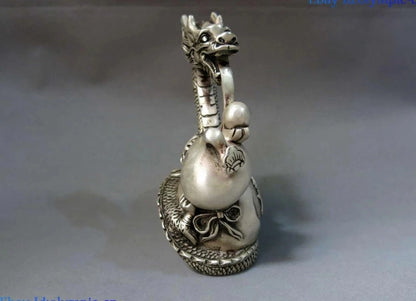 China Silver carved fine Feng Shui calabash lucky dragon play bead Statue