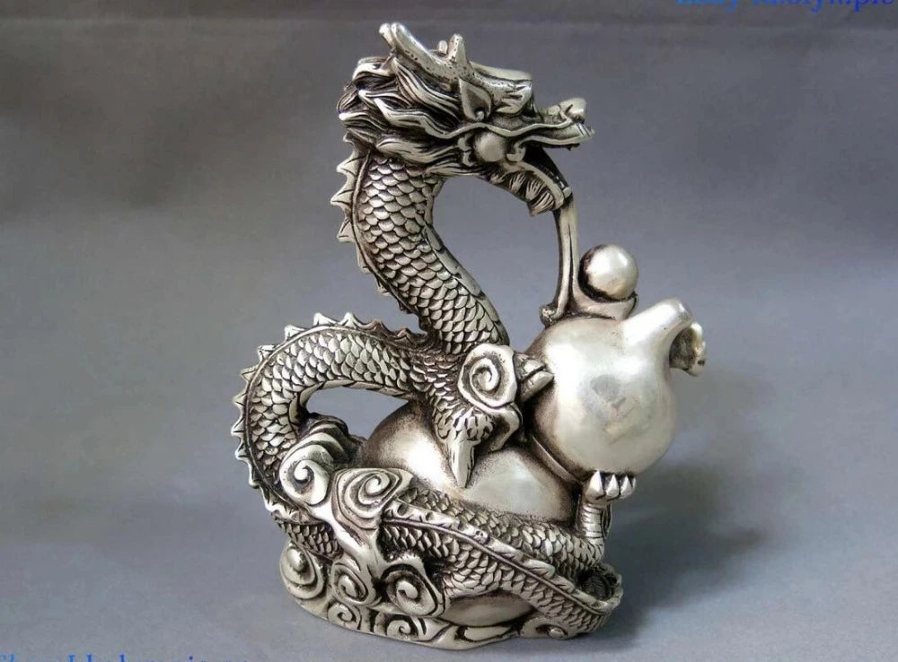 China Silver carved fine Feng Shui calabash lucky dragon play bead Statue