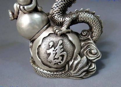 China Silver carved fine Feng Shui calabash lucky dragon play bead Statue